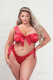 Two Piece Bra Set - Satin Bra With Assymetrical Shoulder Strap, Satin Ribbon Bows, and Thong - Queen Size - Red Image