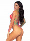 High Neck Fence Net Long Sleeve Bodysuit With Snap Crotch Thong Panty - One Size - Rainbow Image
