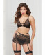 Three Piece Floral Lace Bra, Skirt, and G-String  Set - One Size - Black Image