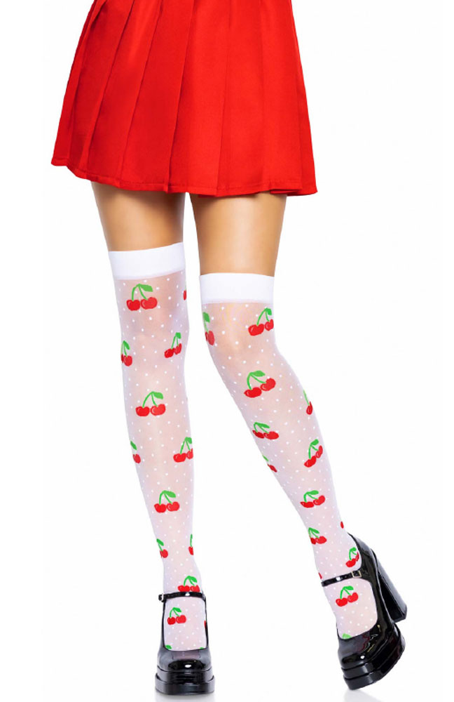 La 6638whrdos Sheer Polka Dot Cherry Thigh Highs One Size White Red Honey S Place