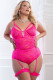 2 Pc Sheer Lace Teddy With Snap Crotch and Garters - Queen - Glossy Pink Image