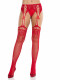 Red Rhinestone Lace Top Fishnet Stockings With - Gartner Belt - Os Image