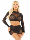 Black 2pc Rhinestone Lace and Net Crop Top With -  Heart Keyhole Mini Skirt - Os Image