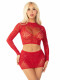 Red 2pc Rhinestone Lace and Net Crop Top With -  Heart Keyhole Mini Skirt - Os Image